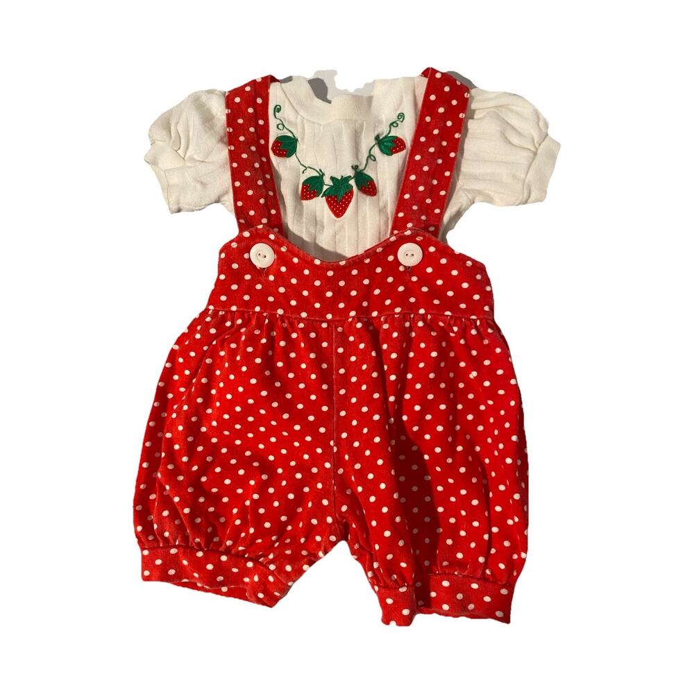 Vintage Rebecca Raggs Original Girls 24M 2pc Strawberry Top & Polka Dot Overalls